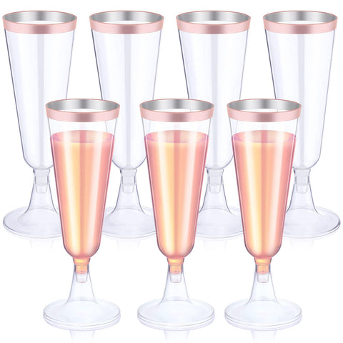 Thenshop rose gold rim champagne flute with clear body, ideal for weddings.