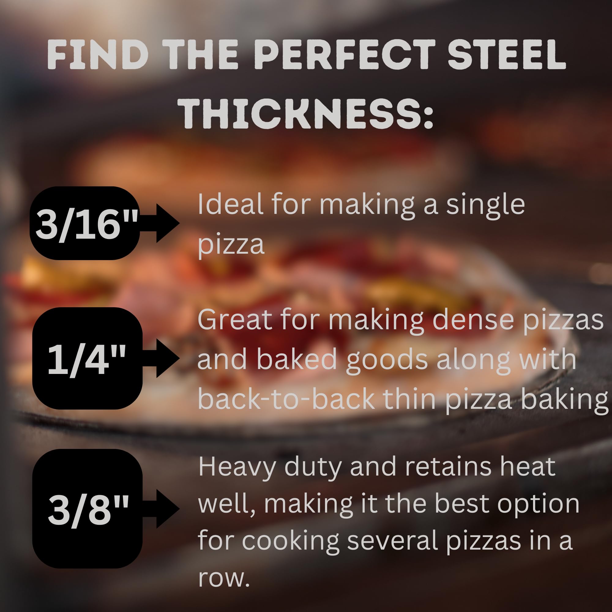 ThermiChef Pizza Steel close-up highlights 3/8 inch thickness and heat retention