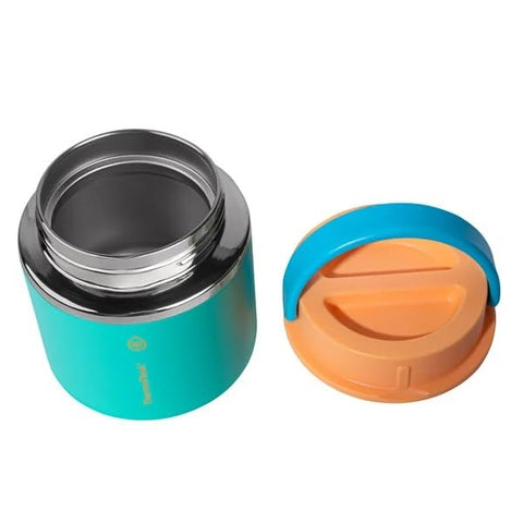 ThermoFlask blue lid close-up shows easy-grip handle for portability
