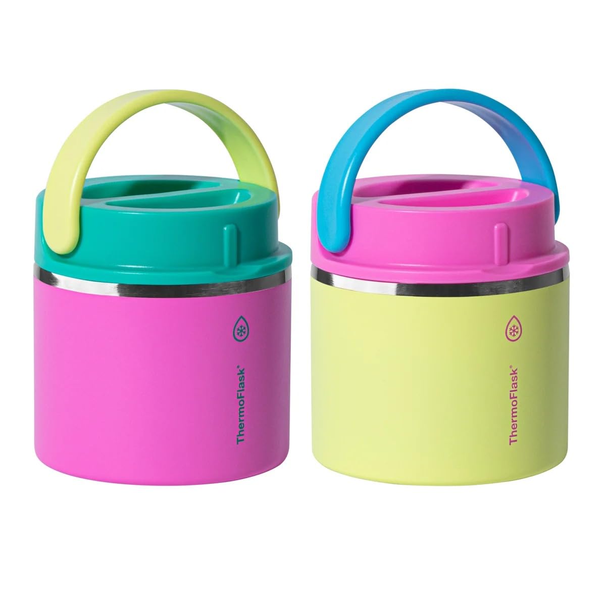 ThermoFlask 20 oz pink and blue insulated food jar set for organized meal prep.