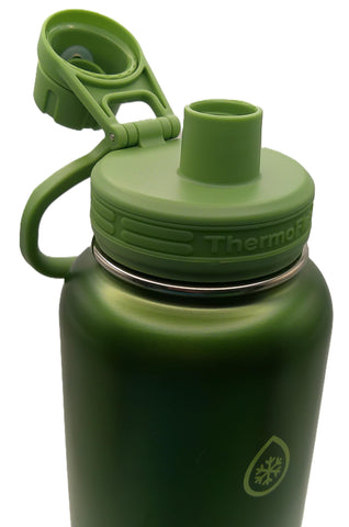 ThermoFlask bottle in forest green with purple sunset hues, durable stainless steel.