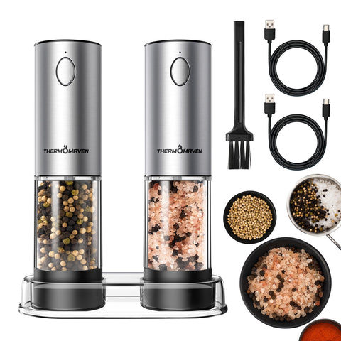ThermoMaven electric grinder set on the kitchen counter with LED light for precise seasoning.