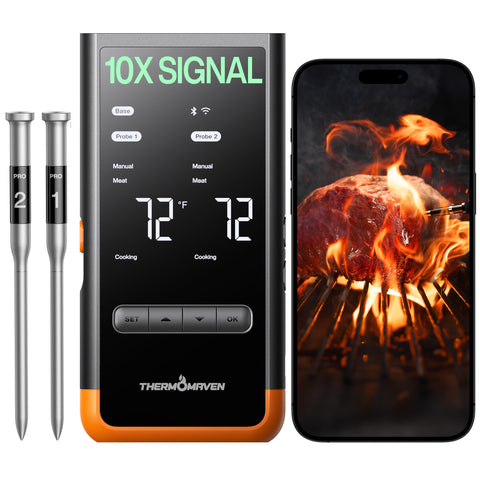 ThermoMaven G2 base display shows real-time readings for hands-free monitoring.