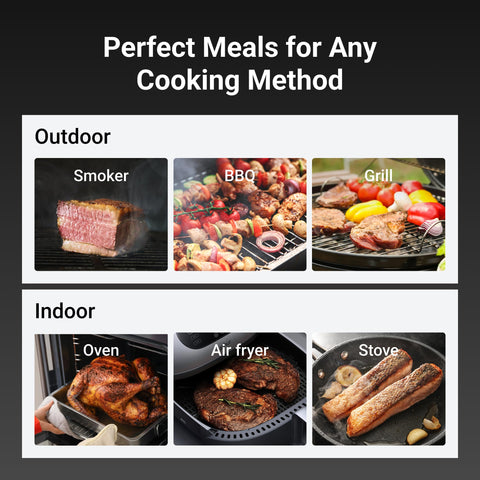 High temperature sensing supports grilling and oven use with real-time ambient and meat temps.