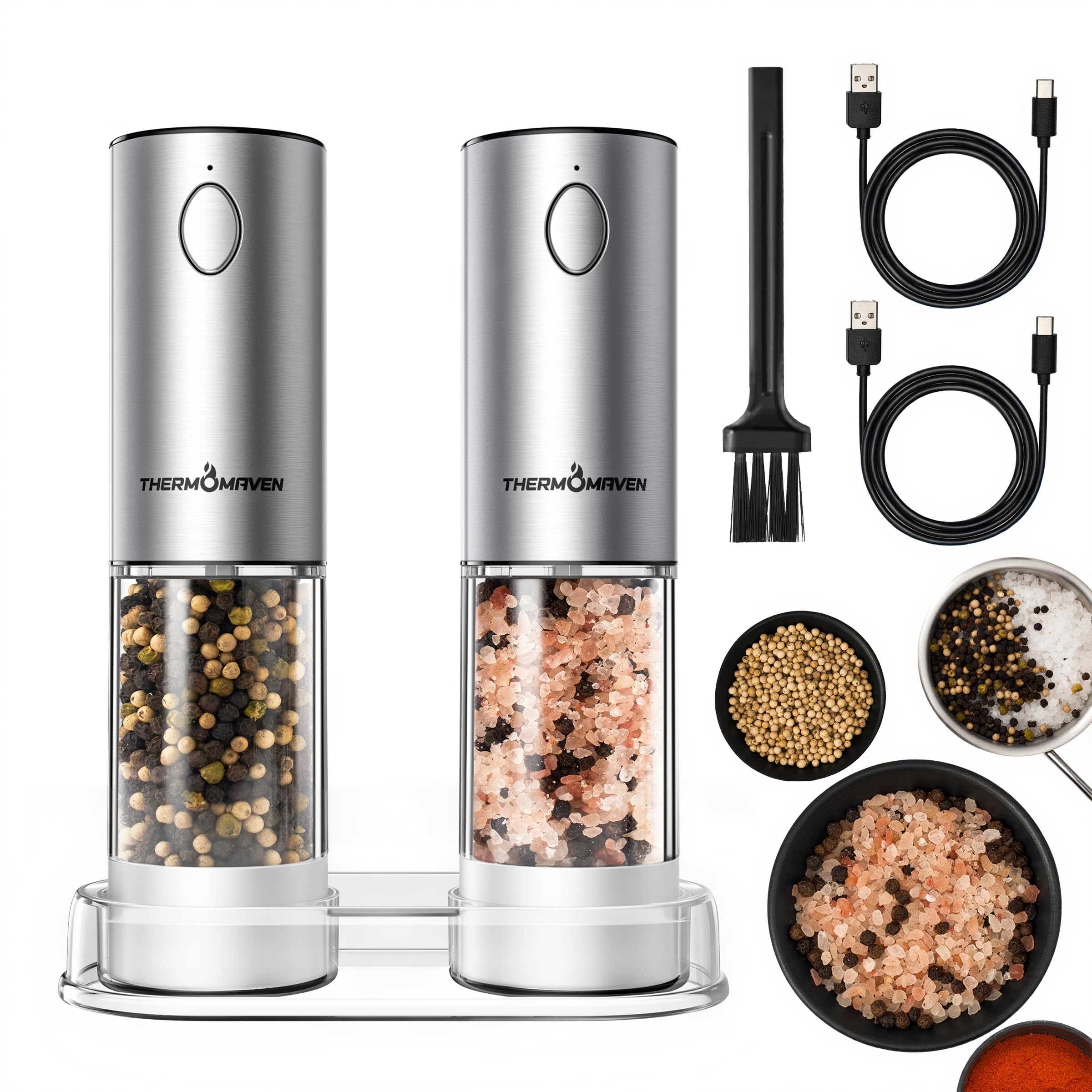 ThermoMaven salt and pepper grinder set, top view, highlights large capacity for family meals.