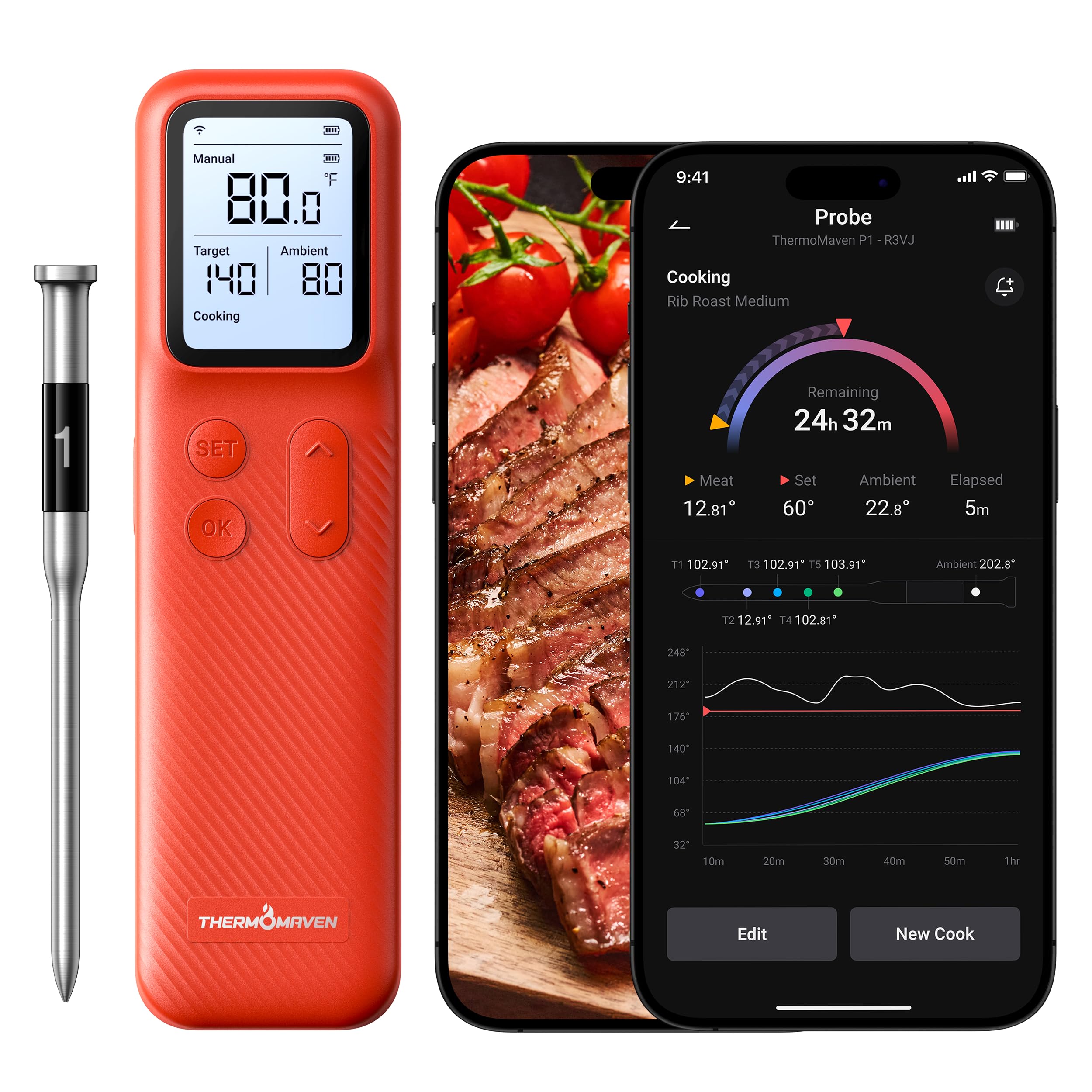 ThermoMaven standalone base displaying real-time temperatures for precise cooking.