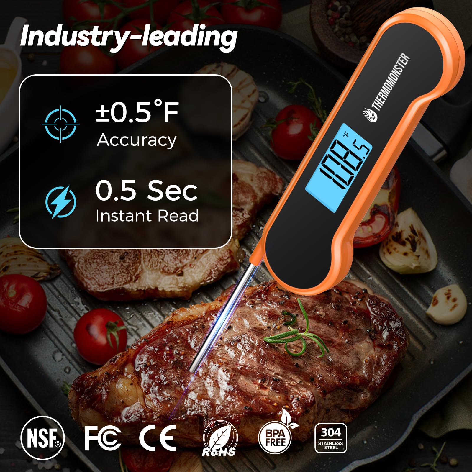 ThermoMonster probe locks temperature for safe read away from heat.