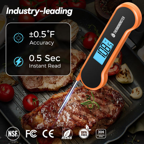 ThermoMonster probe locks temperature for safe read away from heat.