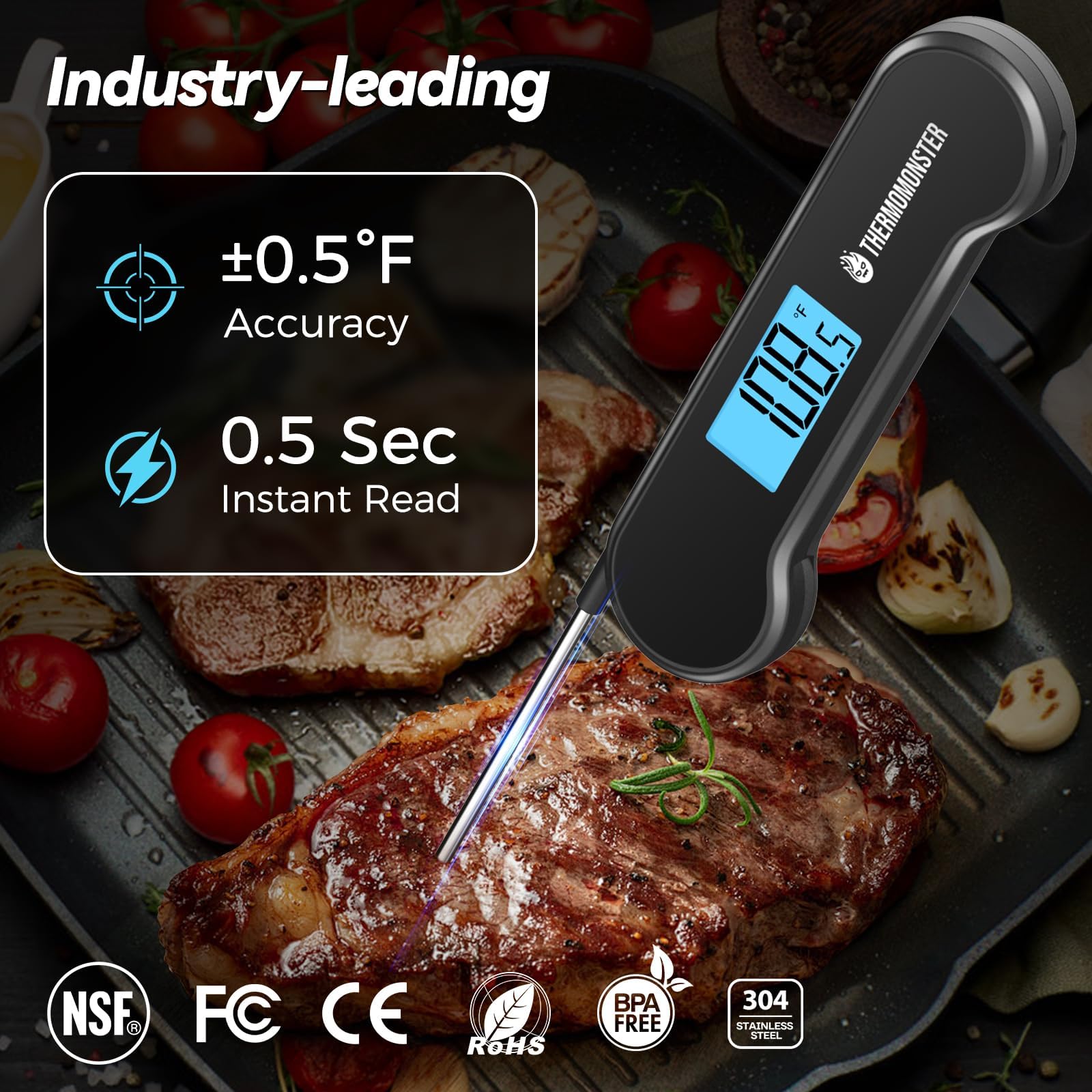 ThermoMonster 4-inch probe shows precise meat temperatures for safe cooking.