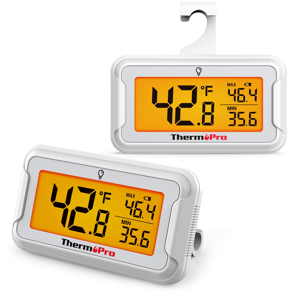 ThermoPro refrigerator thermometer with backlit display for easy reading in dark spaces.
