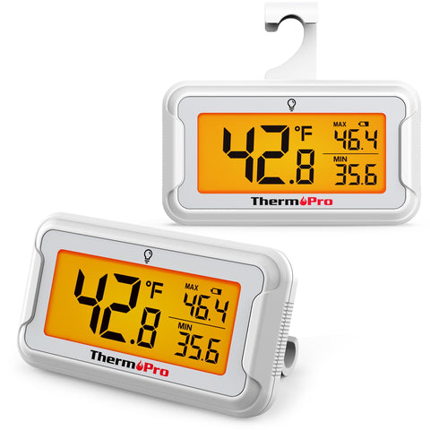 ThermoPro refrigerator thermometer with backlit display for easy reading in dark spaces.