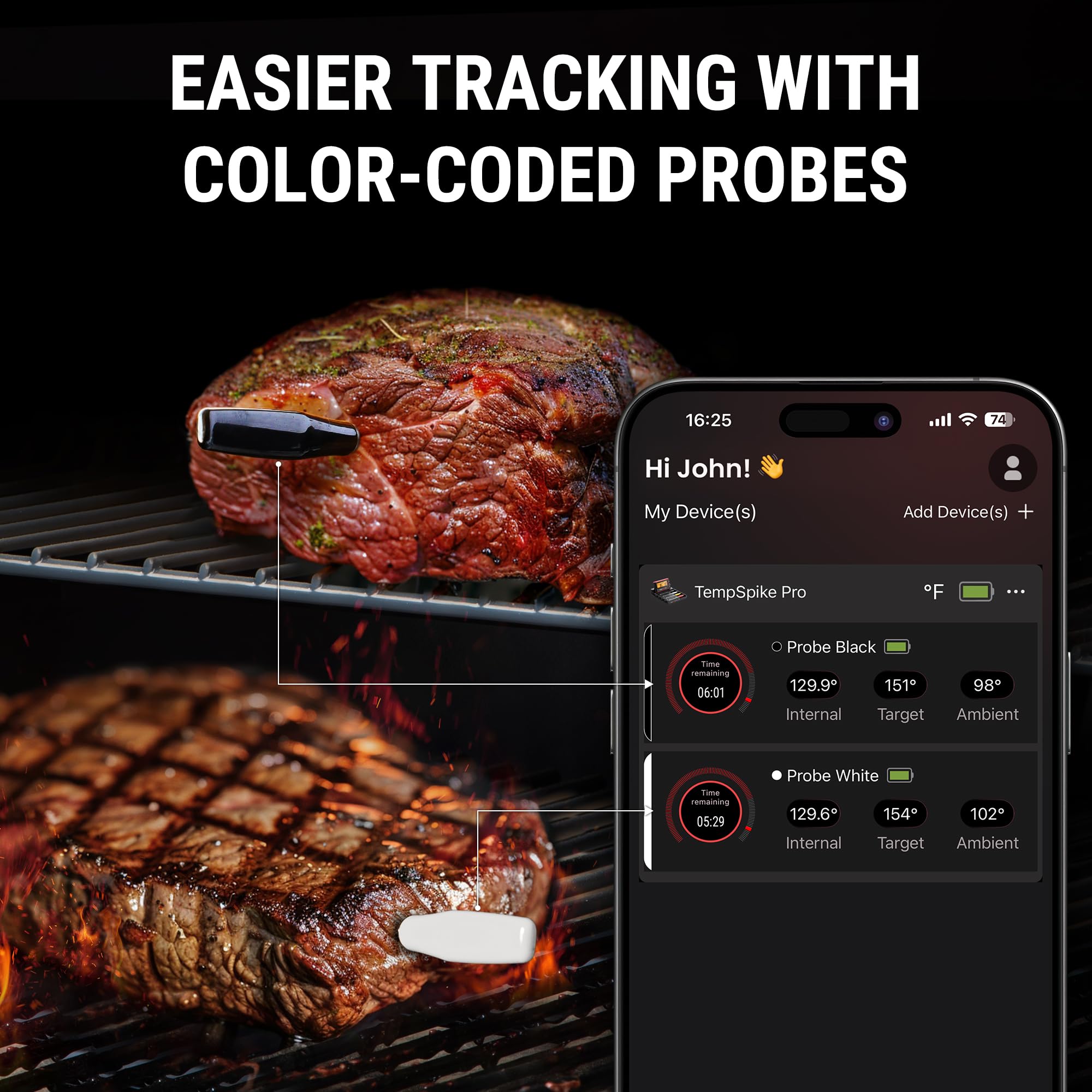 ThermoPro color coded thin probes help identify each meat piece quickly.