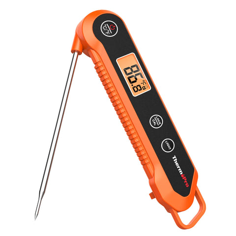 ThermoPro digital instant-read thermometer on grill provides fast, precise temperature readings.