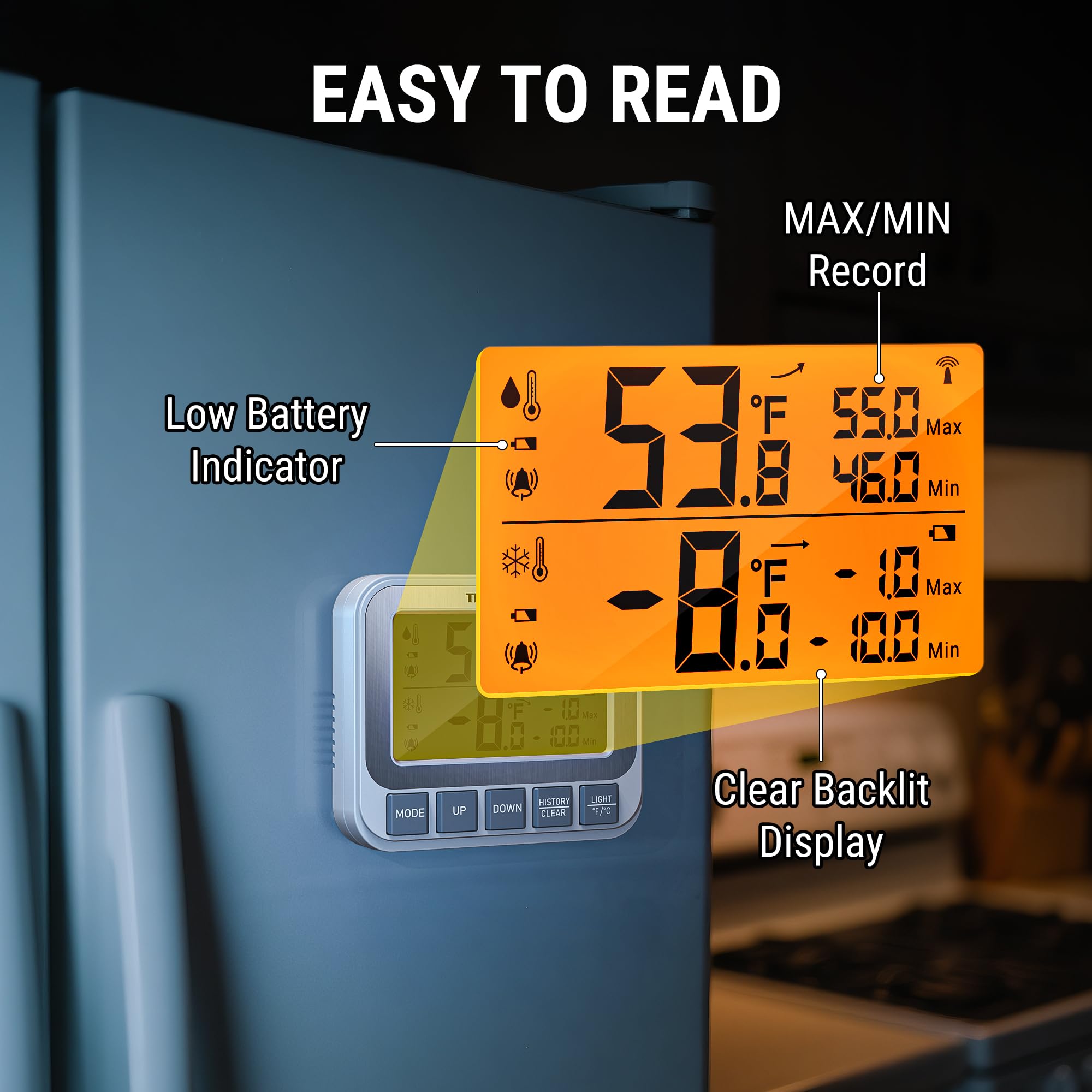 ThermoPro rechargeable transmitter designed for cold environments with included cable.