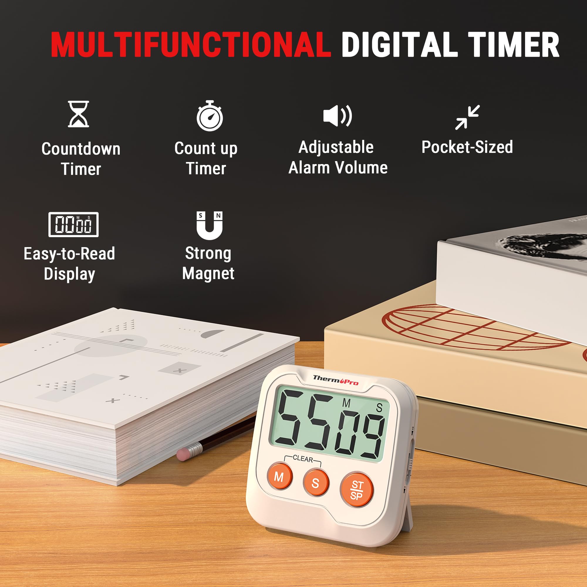 ThermoPro TM03 timer display close-up with bright digits for precise timing