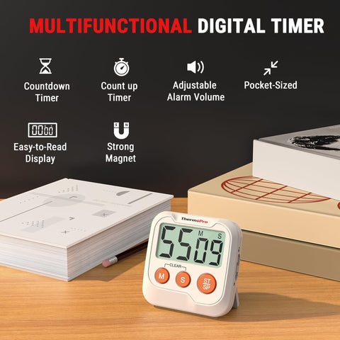 ThermoPro TM03 timer display close-up with bright digits for precise timing