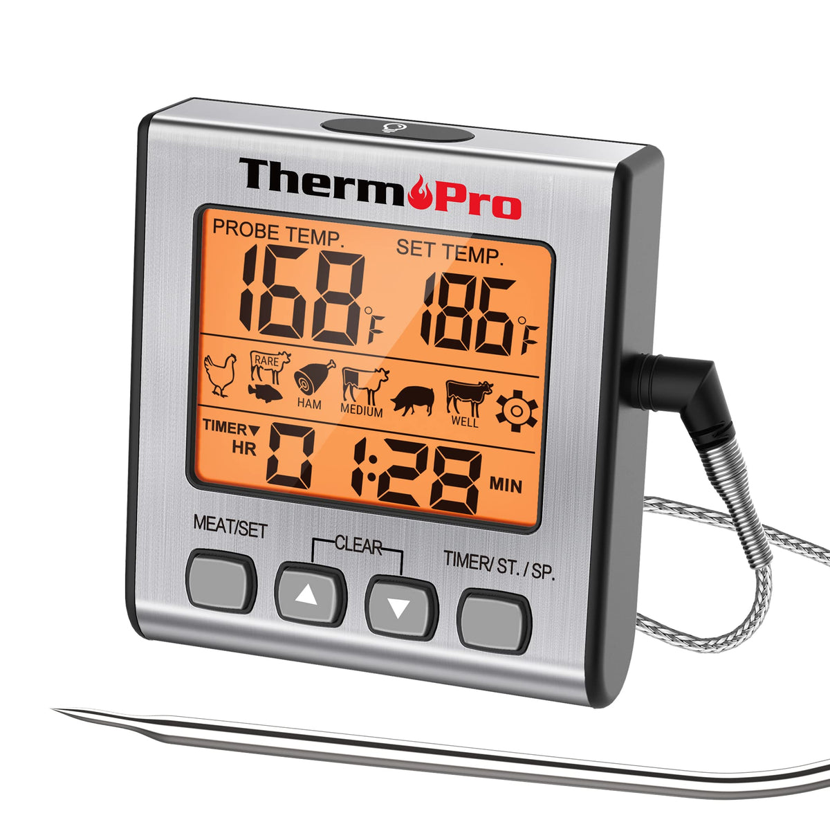 ThermoPro TP16S backlit display aids night grilling with clear temperature readings.