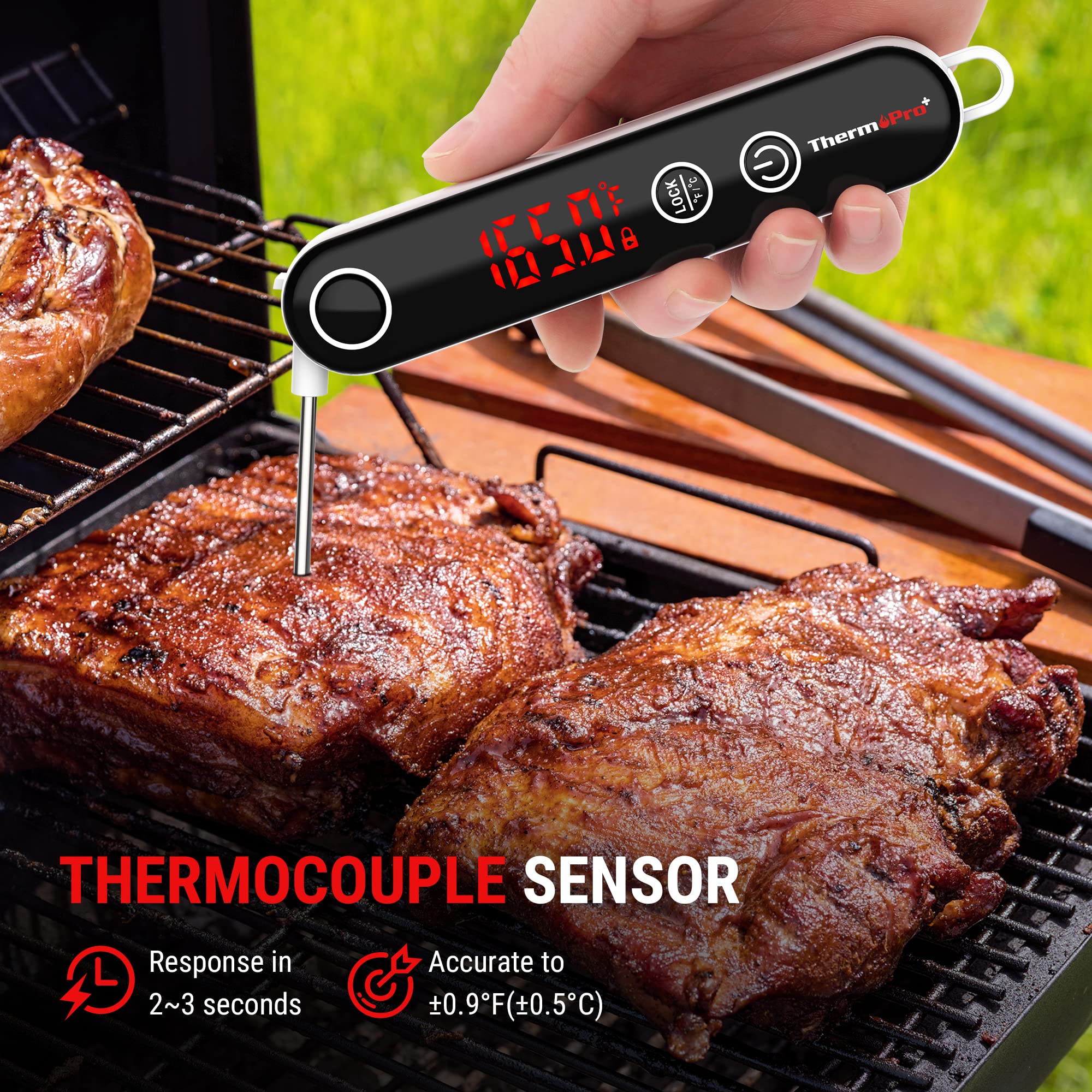 ThermoPro TP18 probe in action measuring meat temperature precisely