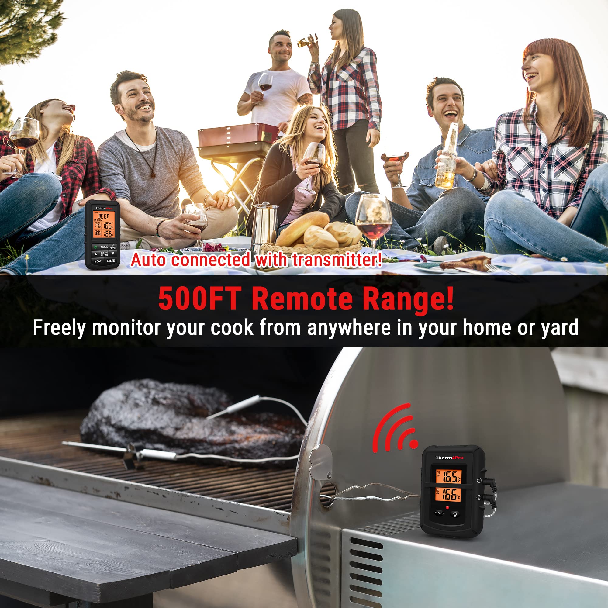 ThermoPro TP20B remote receiver display shows both temps clearly.