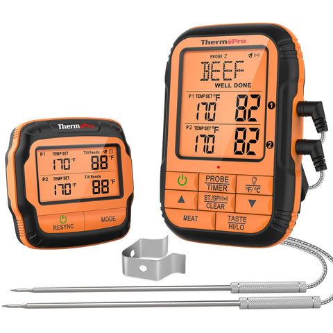 ThermoPro TP28 dual-probe setup for precise meat and ambient temperature monitoring while grilling