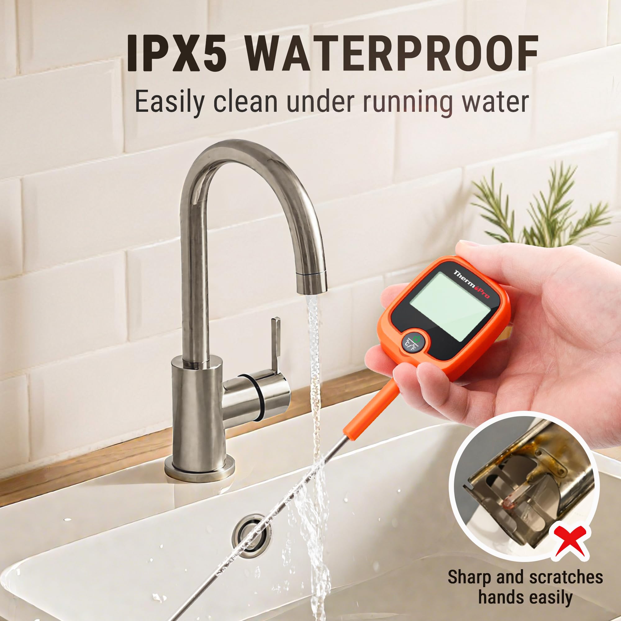 ThermoPro TP509 IPX5 waterproof body for quick cleanup after frying.