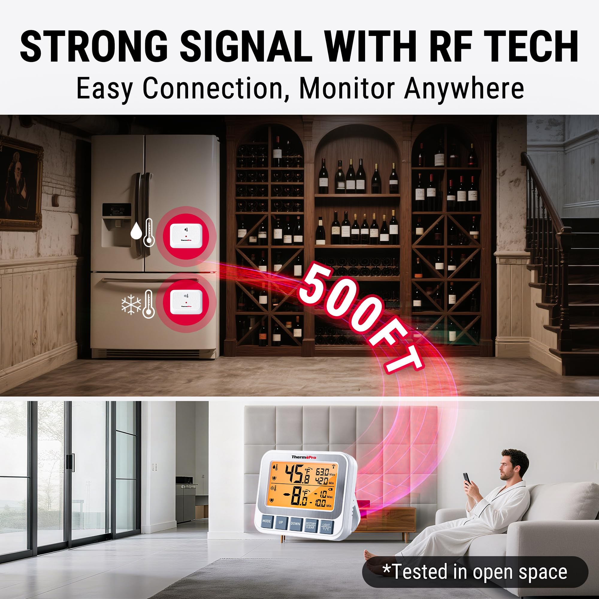 ThermoPro wide-range sensor reads -40F to 158F for accurate readings.