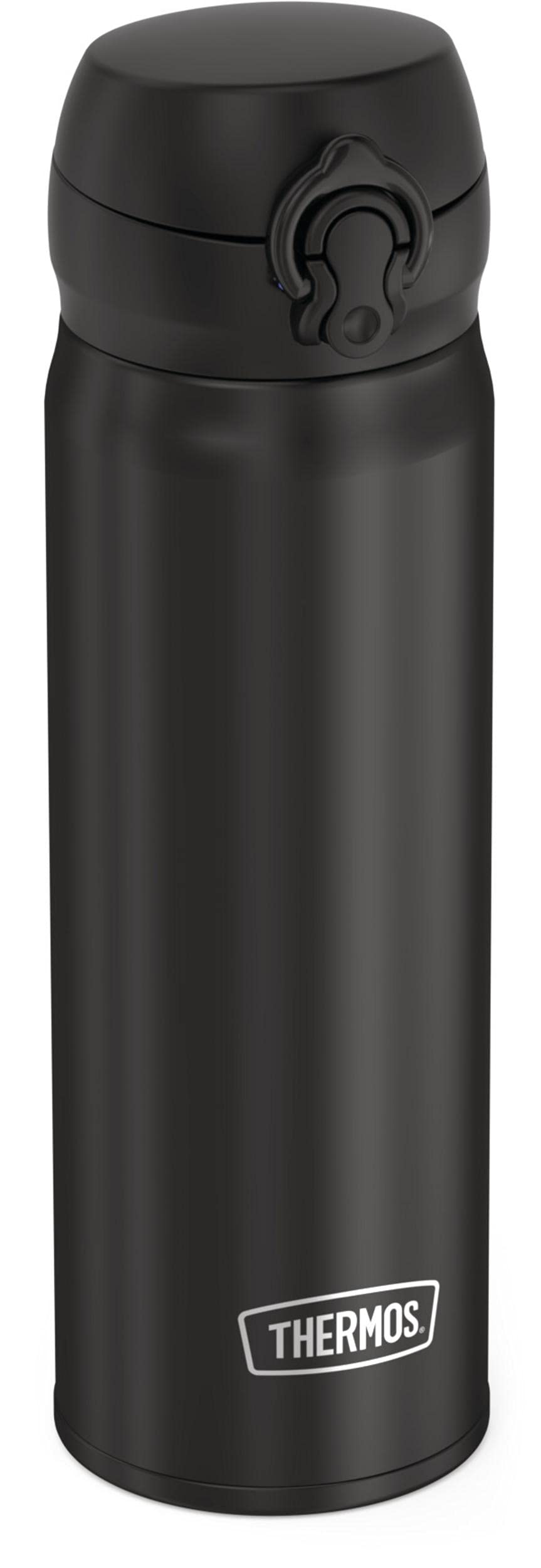 THERMOS Direct Drink Bottle black lid highlighting push button closure for secure use.