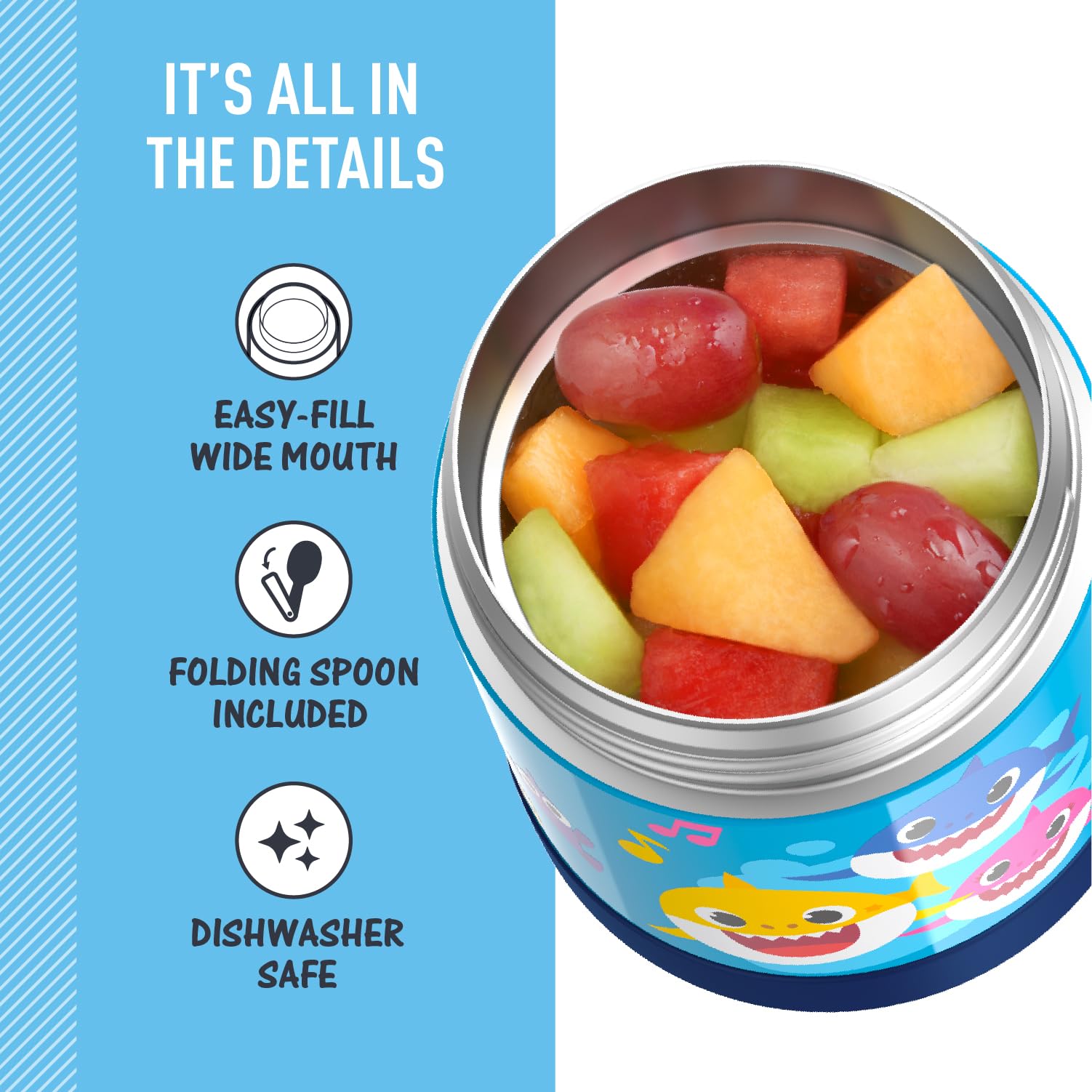 THERMOS FunTainer 10oz Baby Shark closed, durable stainless steel keeps stuff fresh.