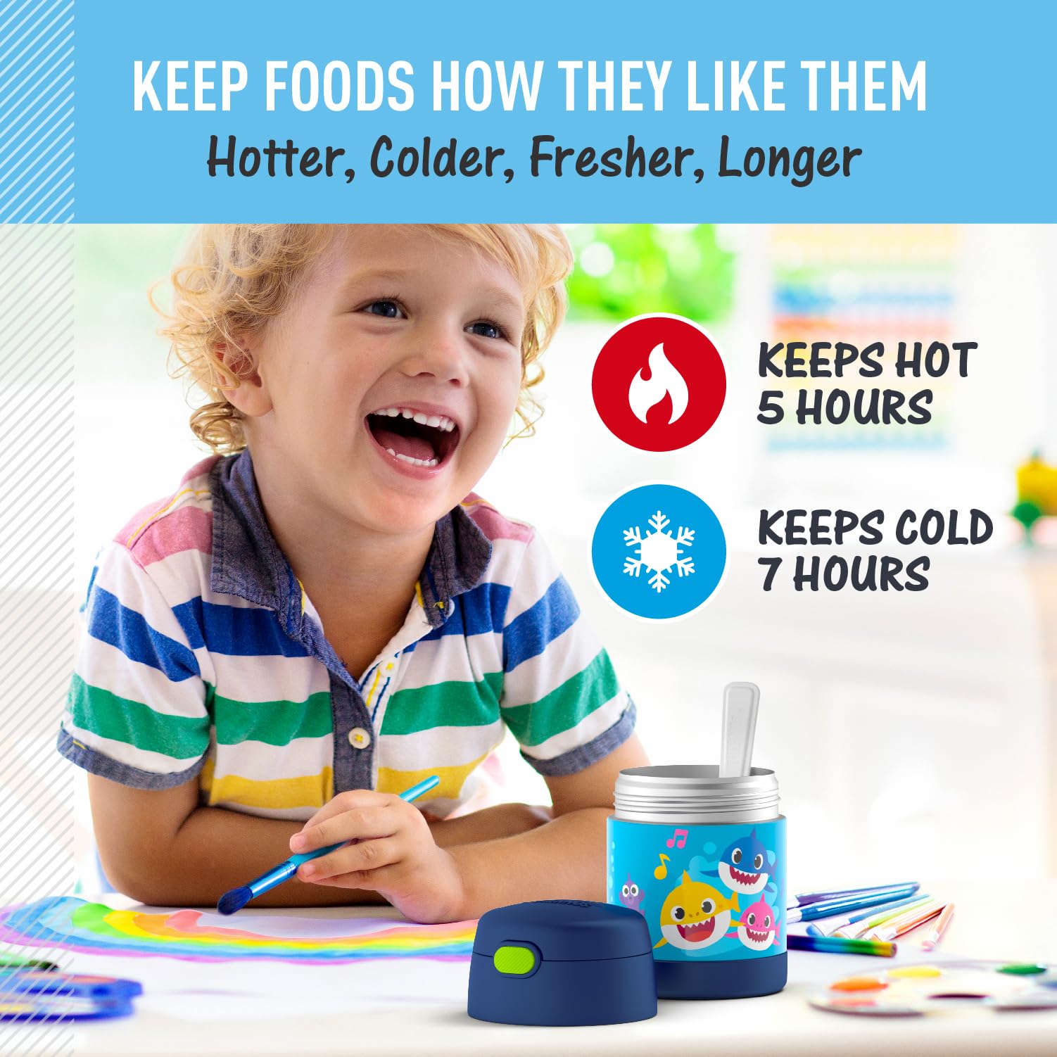THERMOS FunTainer 10oz Baby Shark color design for bright, cheerful lunches.
