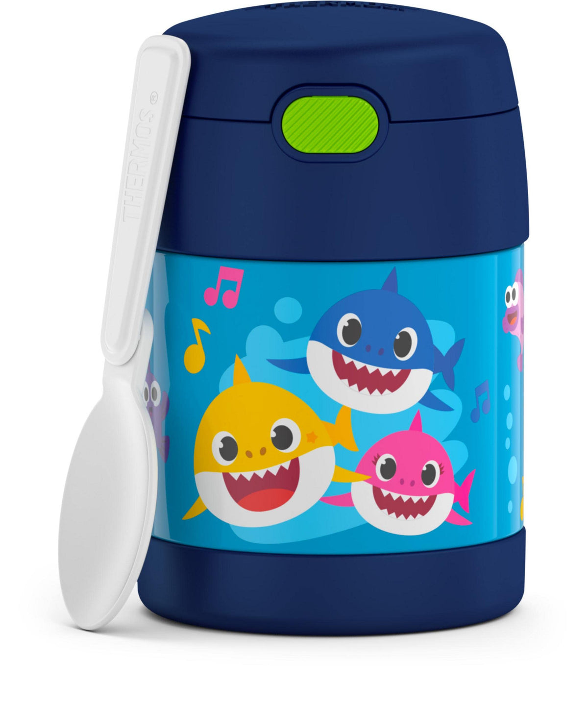 THERMOS FunTainer 10oz Baby Shark lid open, easy access for a hot or cold meal.
