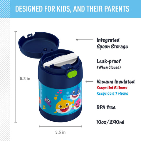 THERMOS FunTainer 10oz Baby Shark spoon inside, built-in utensil for mess-free lunches.