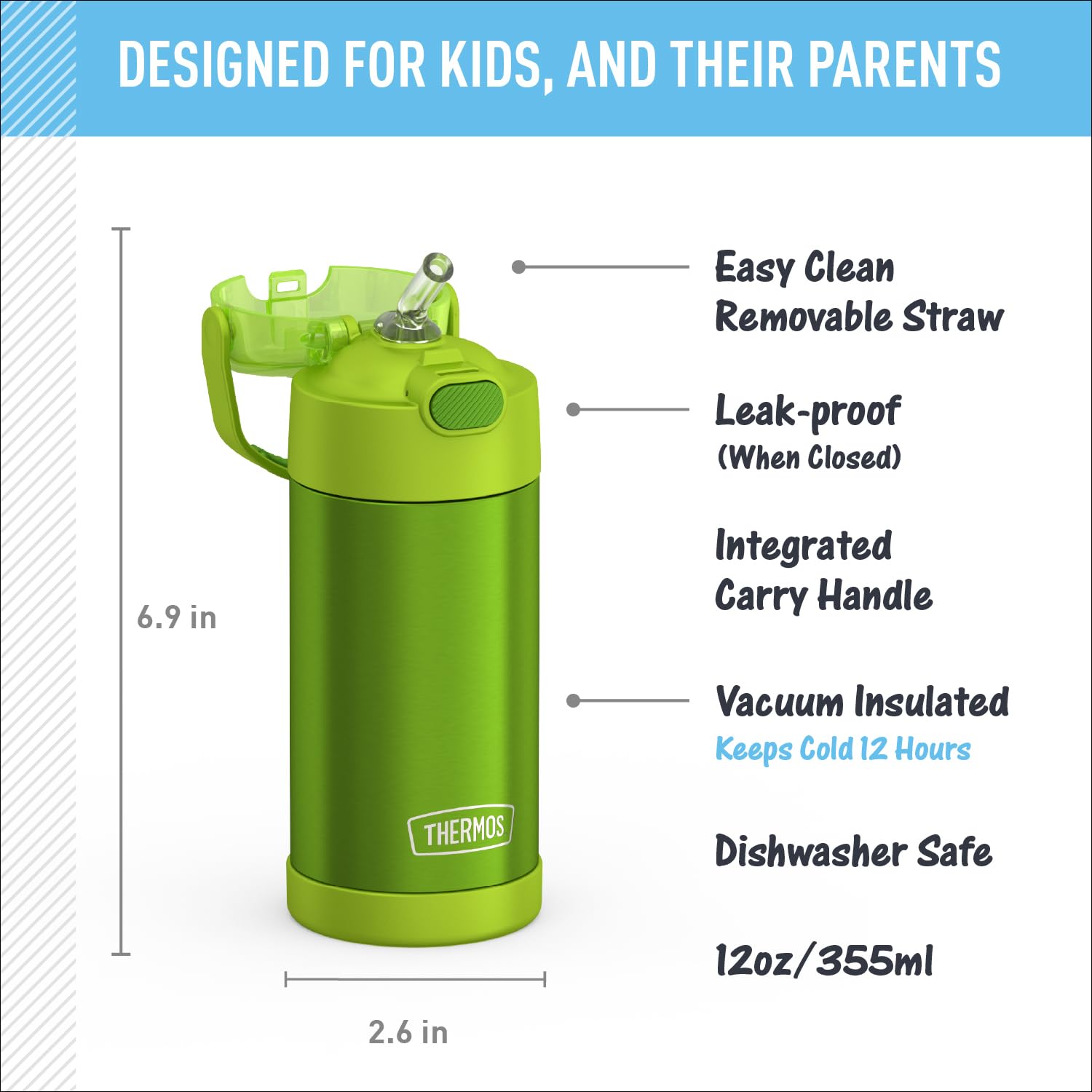 THERMOS FUNtainer 12oz lime bottle lid with straw close-up, easy sipping for kids