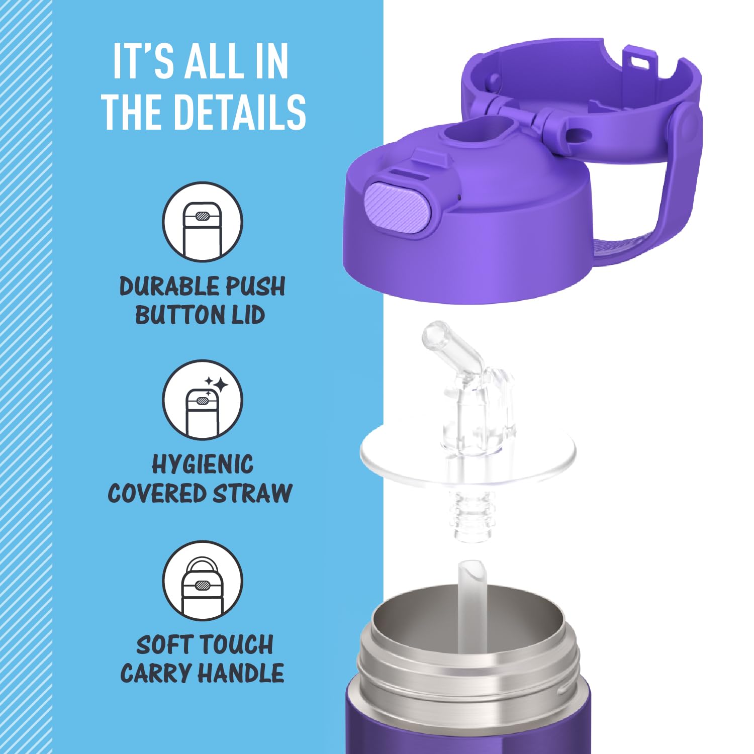 THERMOS FUNTAINER 12oz violet bottle, durable stainless steel body ready for daily wear