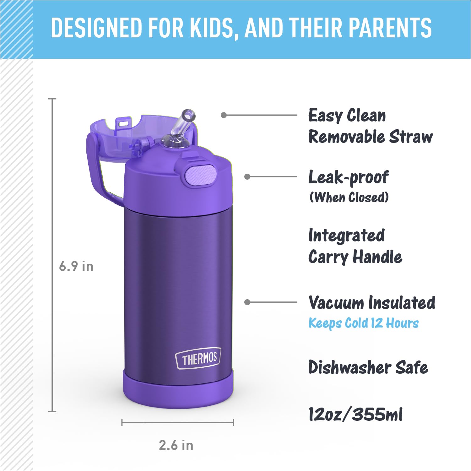 THERMOS FUNTAINER 12oz bottle with straw in violet, side grip for easy carrying