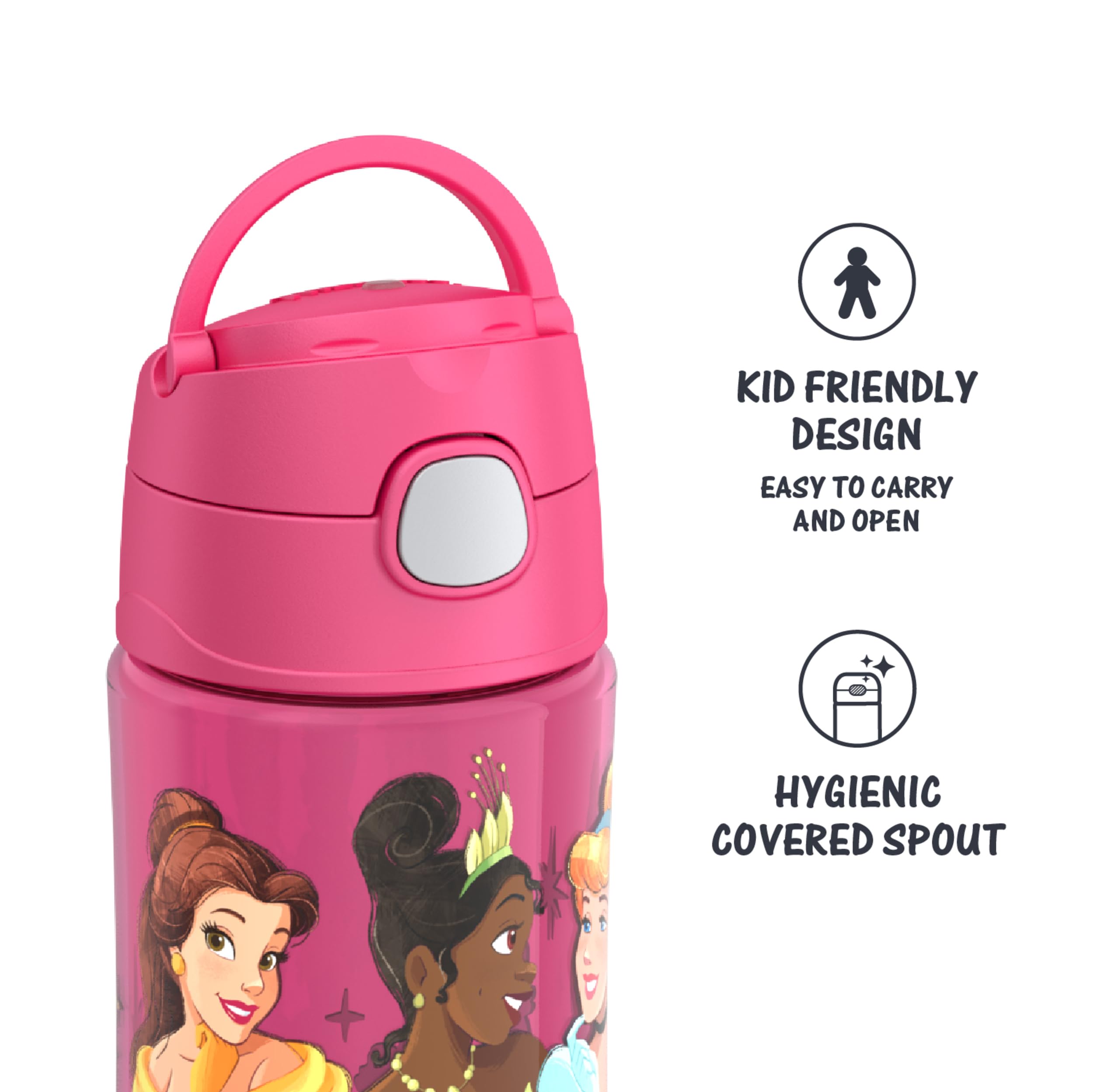 Fold-down carry handle on the THERMOS FunTainer Princess bottle for easy transport.