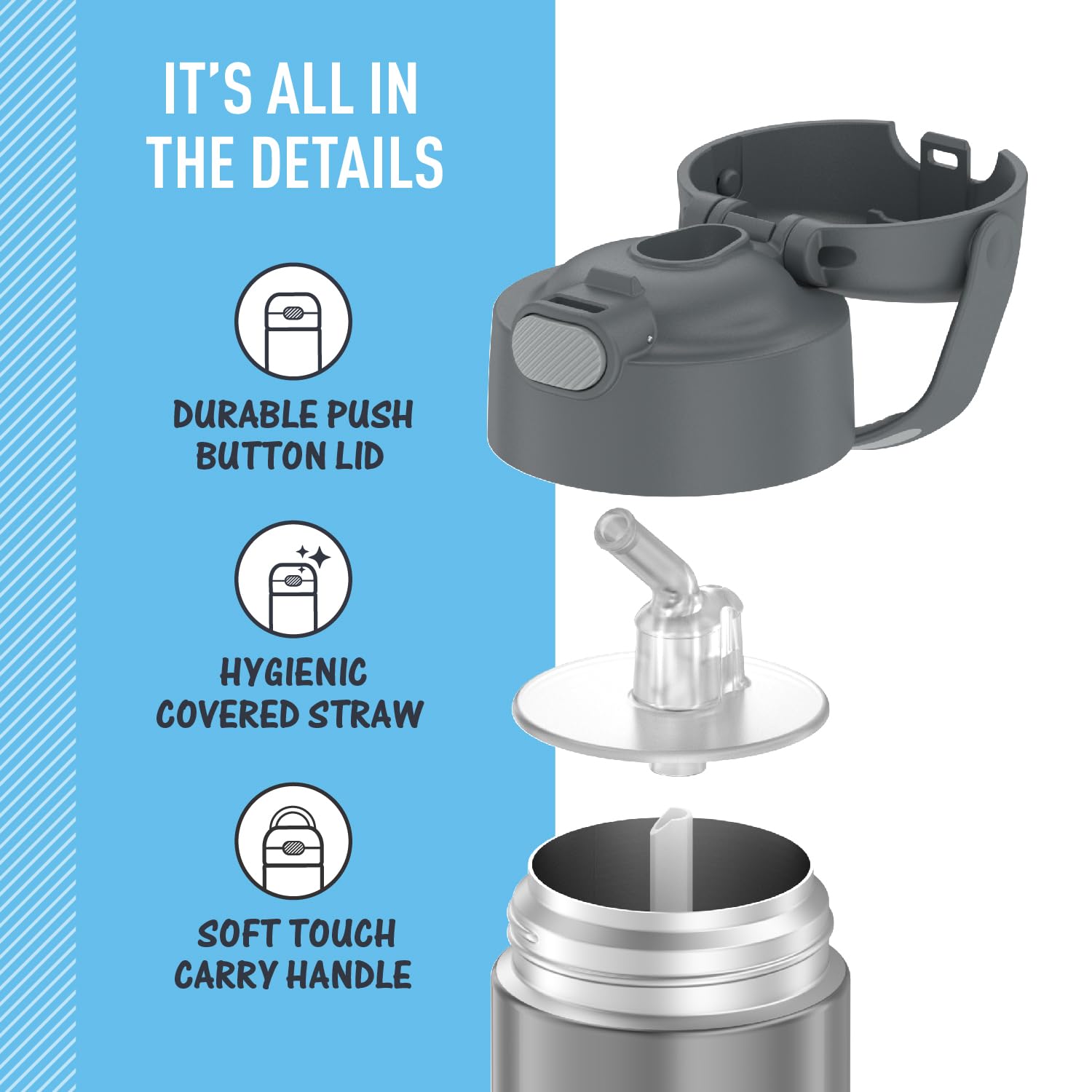 THERMOS FUNTAINER 18/8 stainless steel construction endures drops and daily use.