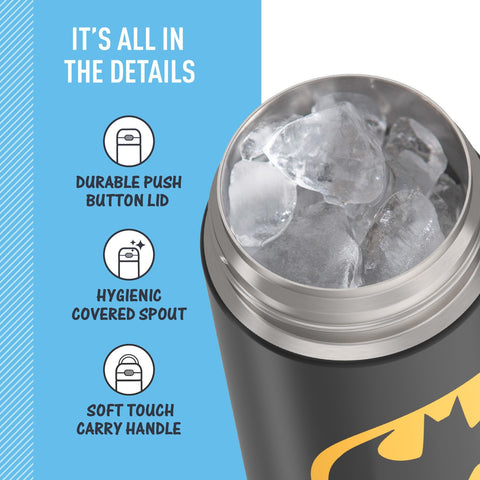 Thermos Funtainer Batman bottle durability shot showing rugged stainless steel