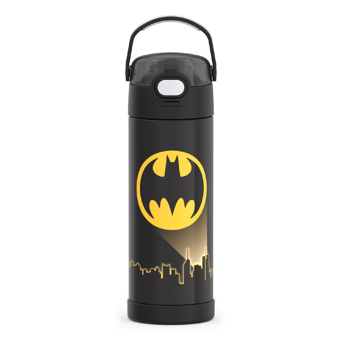 Thermos Funtainer Batman bottle front view, bold design, perfect for school hydration