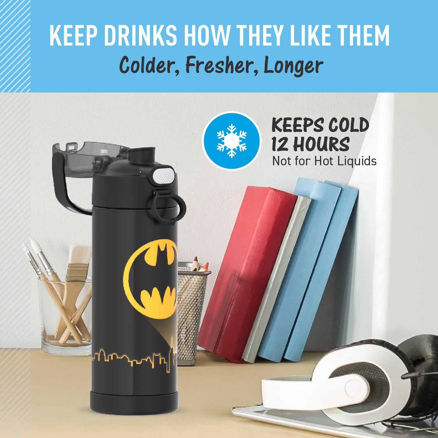 Thermos Funtainer Batman bottle held in hand during school commute