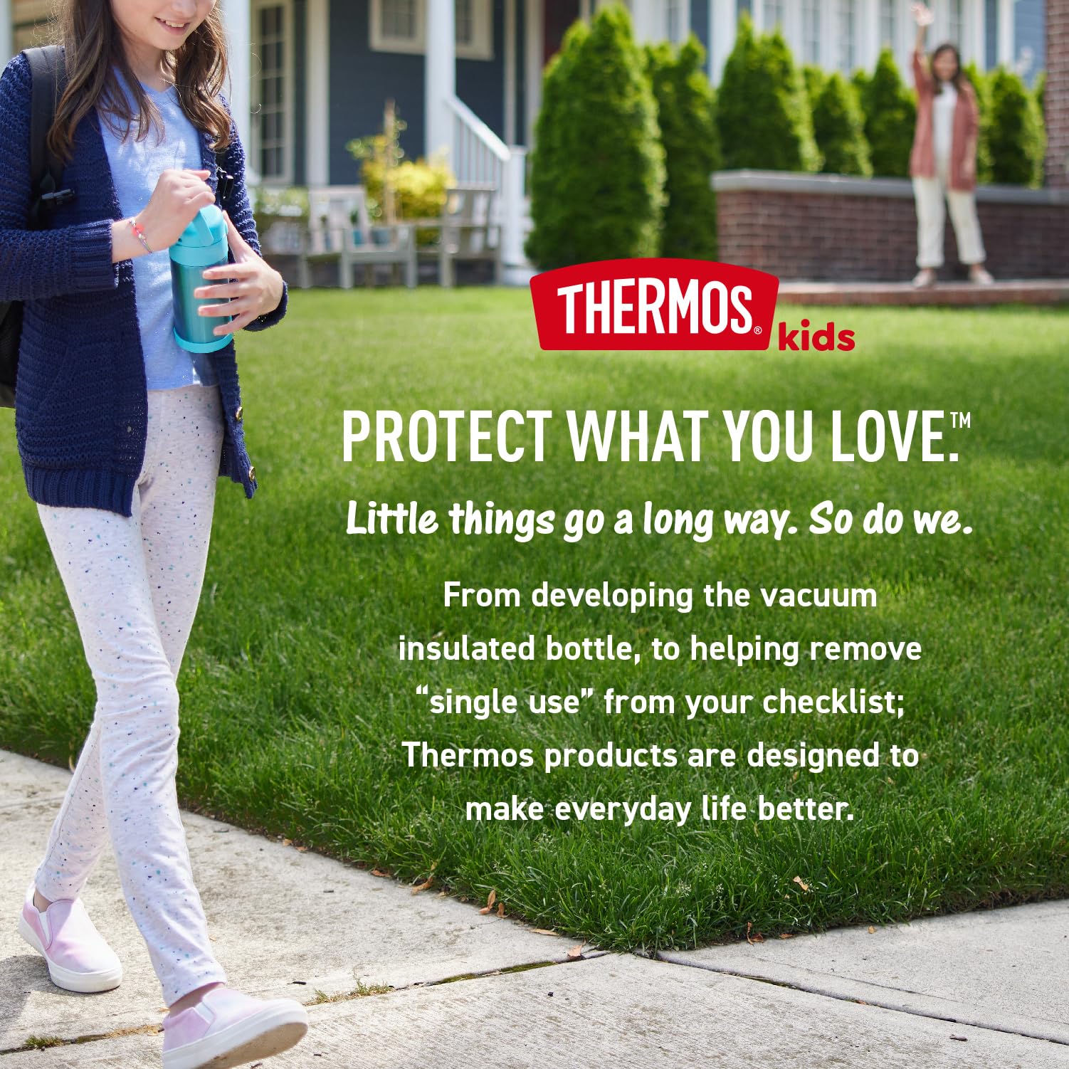 Thermos Funtainer Batman bottle on a kid's backpack for on-the-go hydration