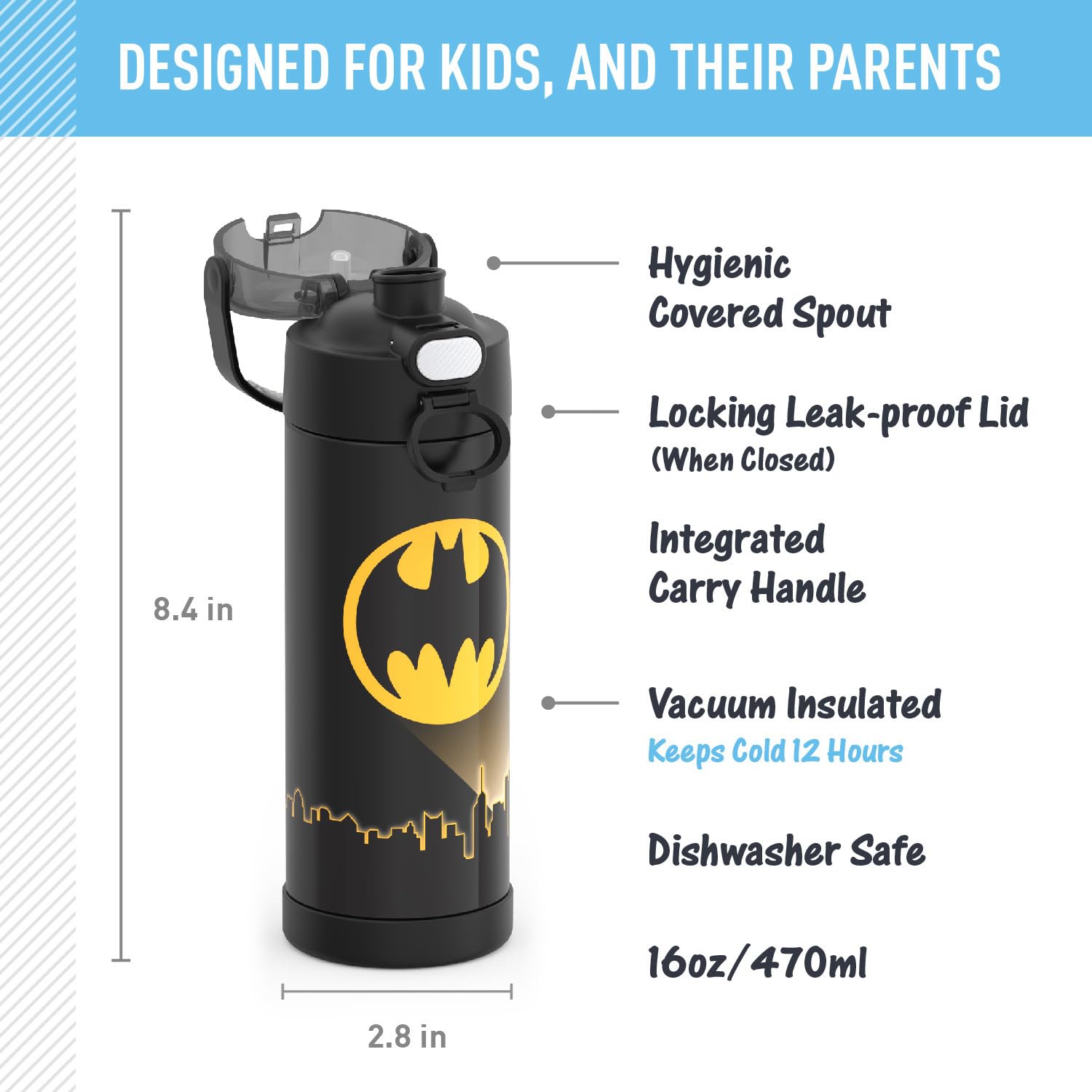 Thermos Funtainer Batman bottle side view with carry handle for easy transport