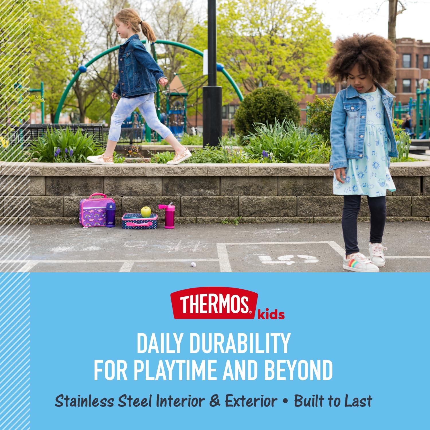 Durable stainless steel body of THERMOS FUNtainer withstands drops and rough play.