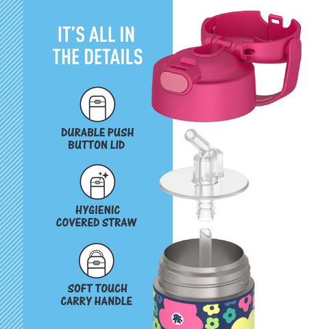 Removable silicone straw on THERMOS FUNtainer enables easy cleaning.