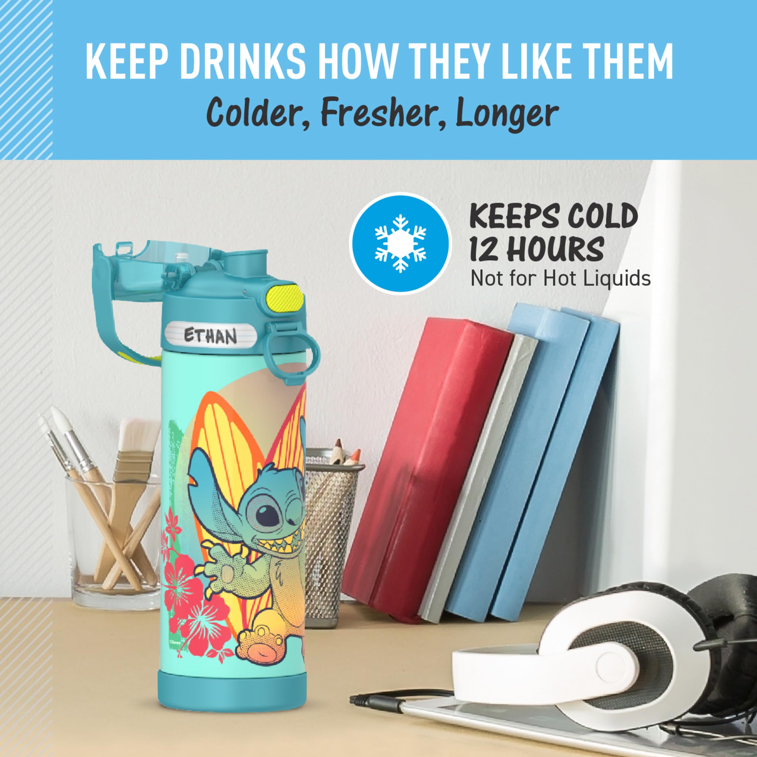 THERMOS FUNTAINER covered spout with push-button lid for mess-free drinking