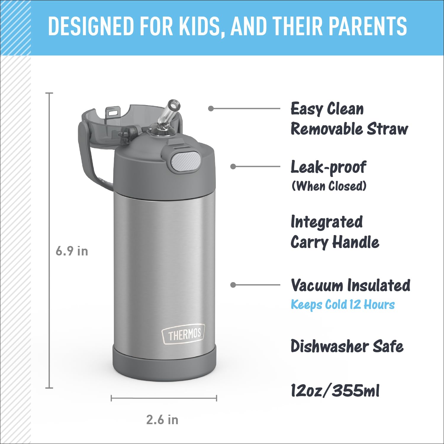 THERMOS FUNTAINER straw lid allows easy sipping and compact storage for kids.
