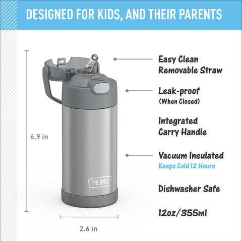THERMOS FUNTAINER straw lid allows easy sipping and compact storage for kids.