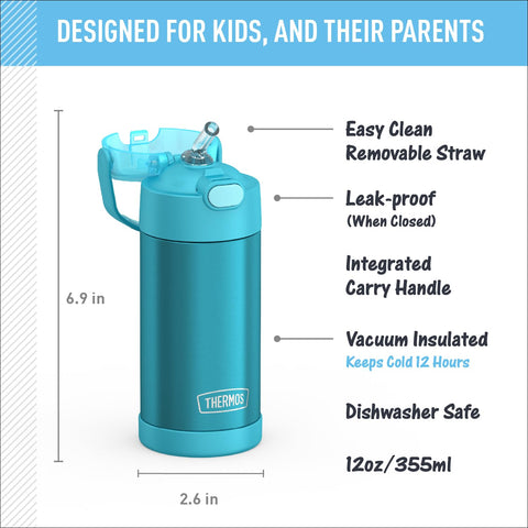 THERMOS FUNTAINER teal lid with straw enables easy sipping for kids.