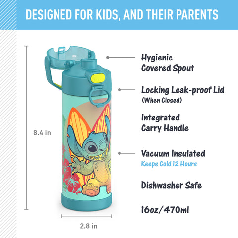 THERMOS FUNTAINER wide spout lid close-up for easy sipping with Stitch