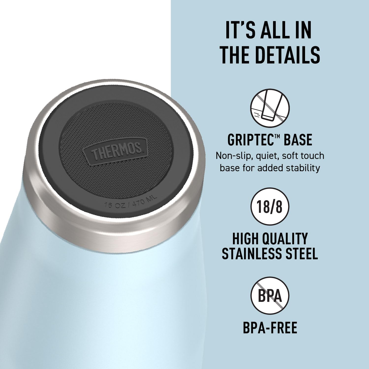 THERMOS Icon Series Glacier close-up of DURA-SEAL lid and steel body