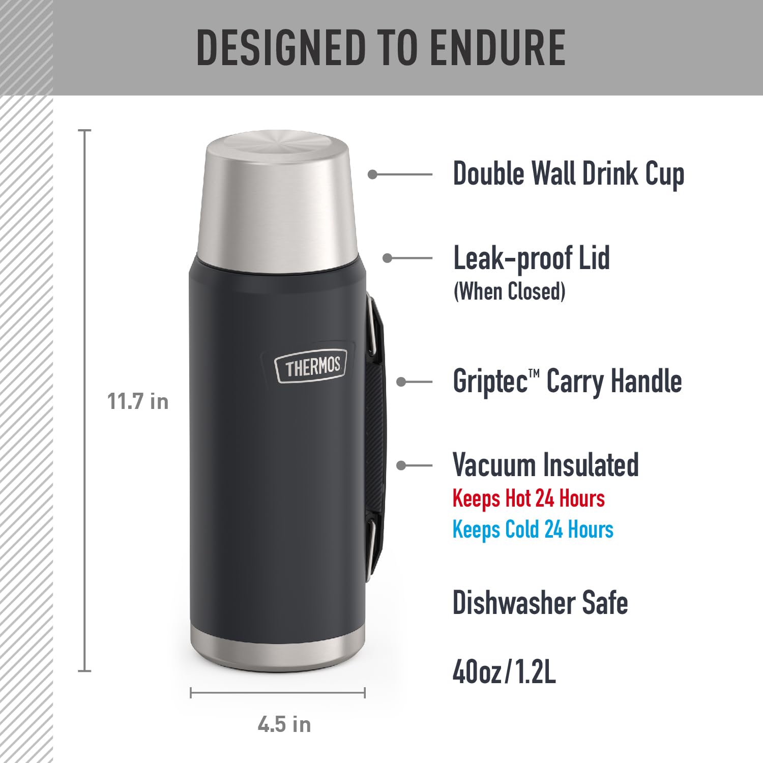 THERMOS ICON SERIES granite 40 oz bottle side view with carry handle for easy transport
